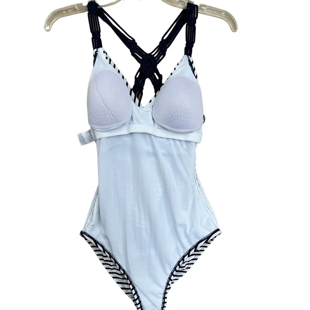 Kona Sol Bathing Suit Womens Medium Blue White Stripe 1 Pc Macrame Pool Vacation